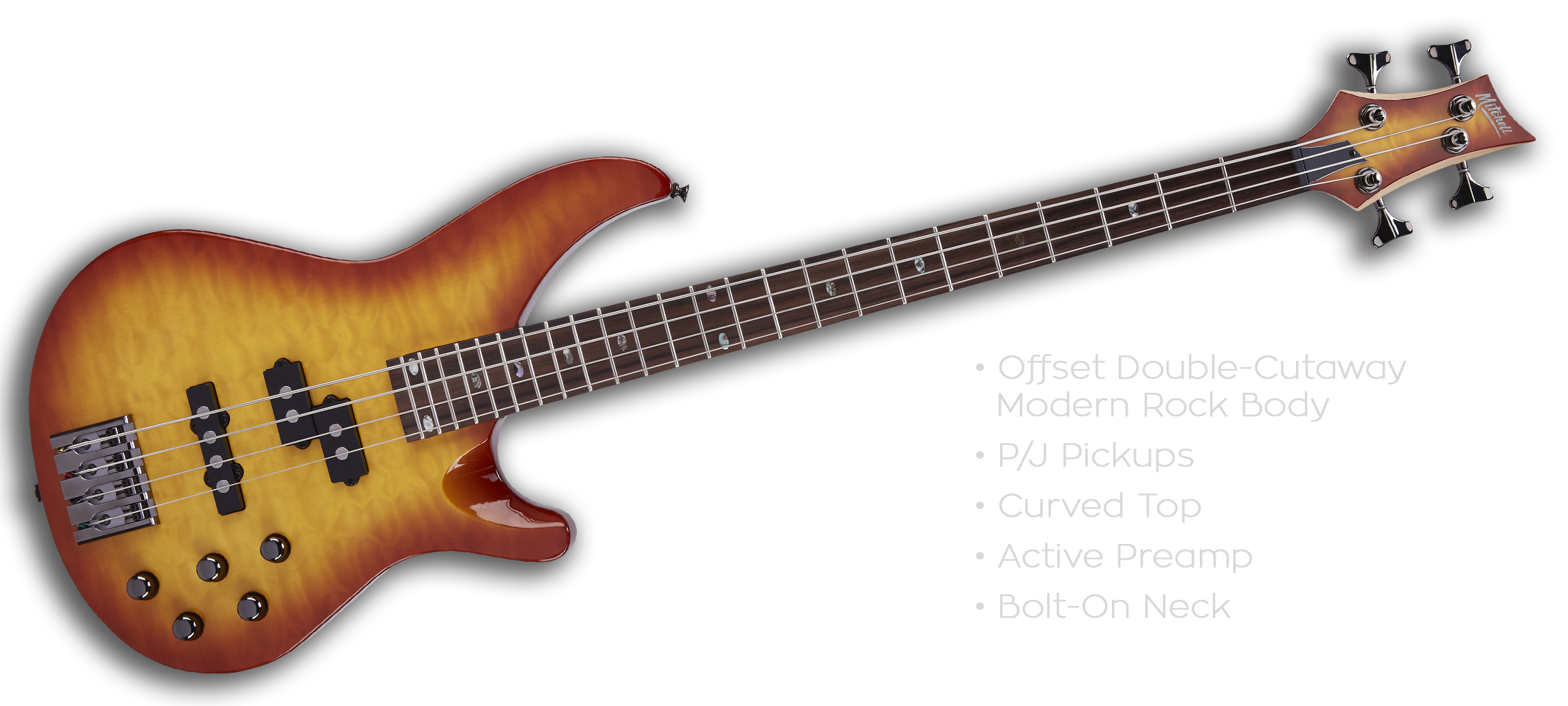 MB300QHB Mitchell Electric Bass Honeyburst Mitchell Guitars